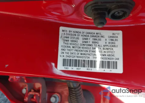 2017 Honda Civic Ex z USA, uszkodzony, nr VIN 2HGFC2F7XHH575734